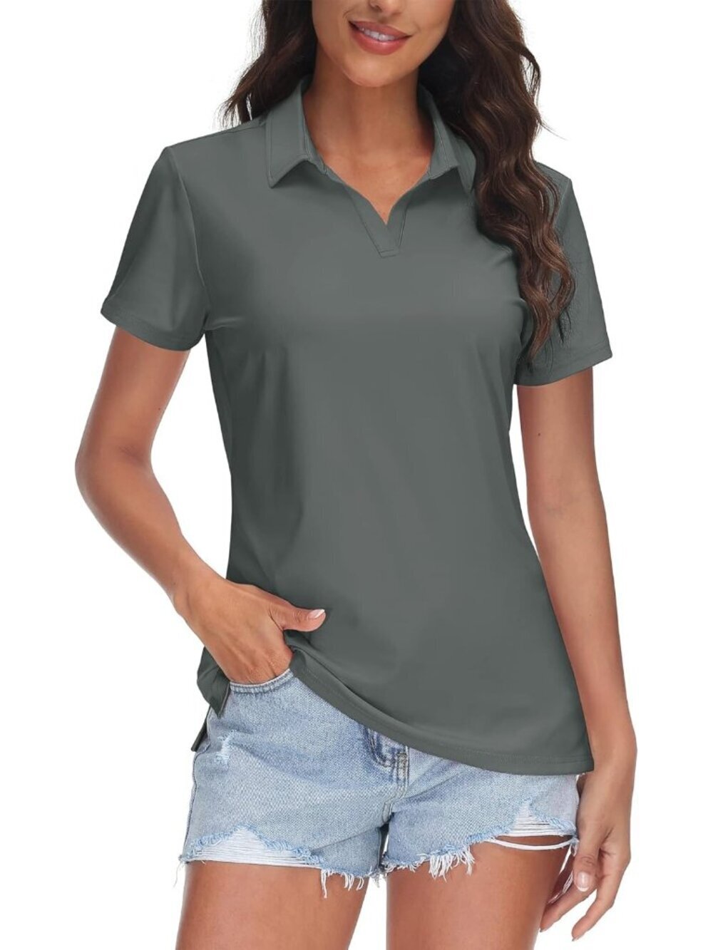 Women's 06-dark Grey V-Neck Polo Shirts UPF50+ Short Sleeve Golf Collared Tops